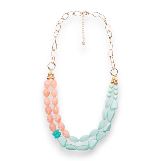 Collana lunga a due fili con pietre in acrilico verde acqua e rosa