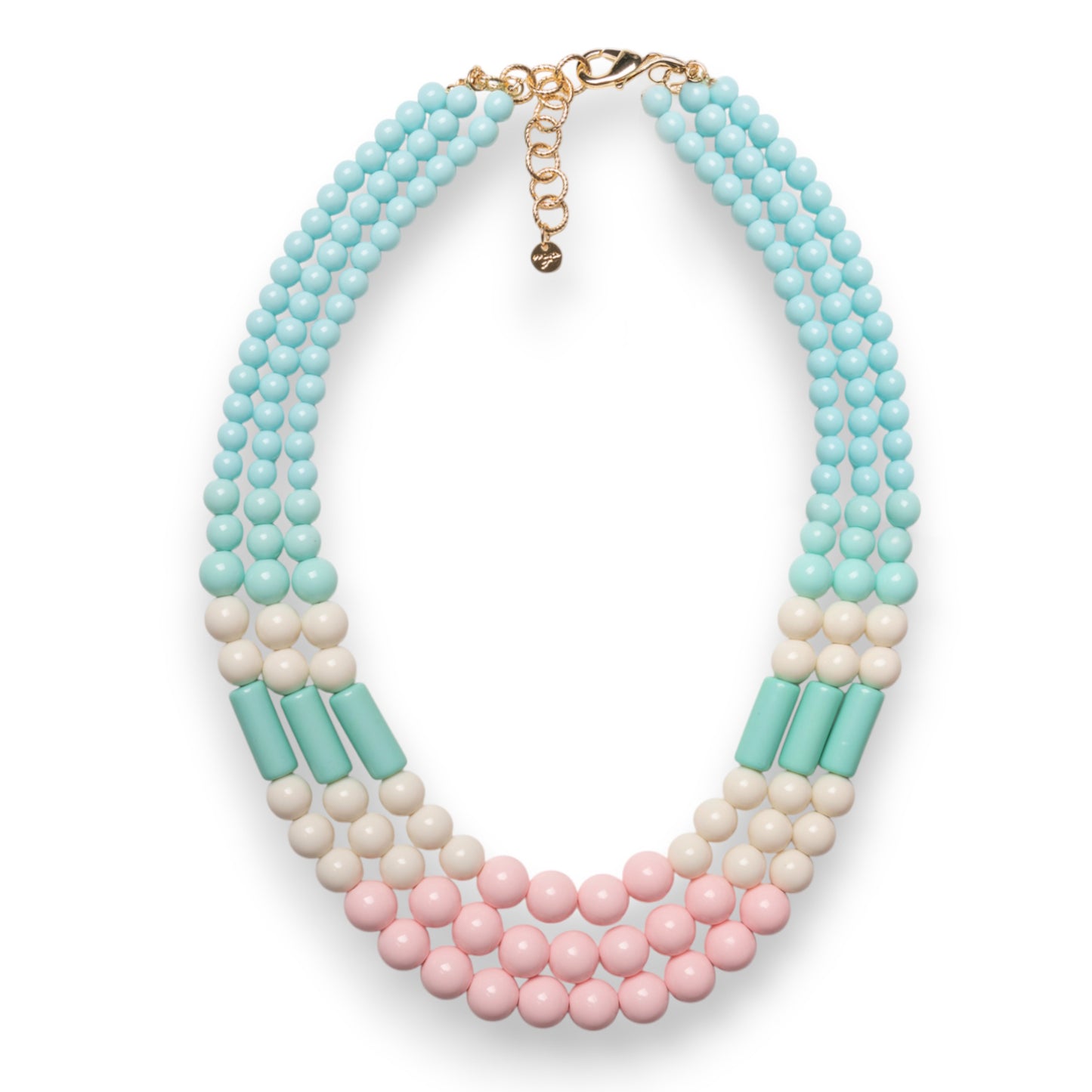 Collana girocollo a tre fili con sfere in acrilico tono verde e rosa