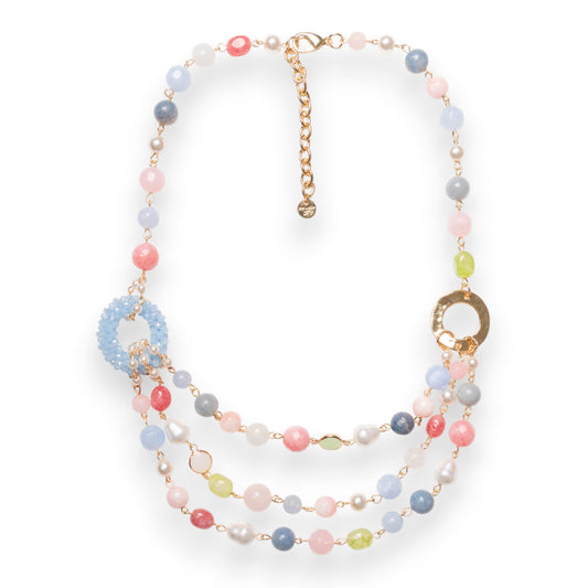 Collana girocollo multilinee con pietre dure e vetro multicolore