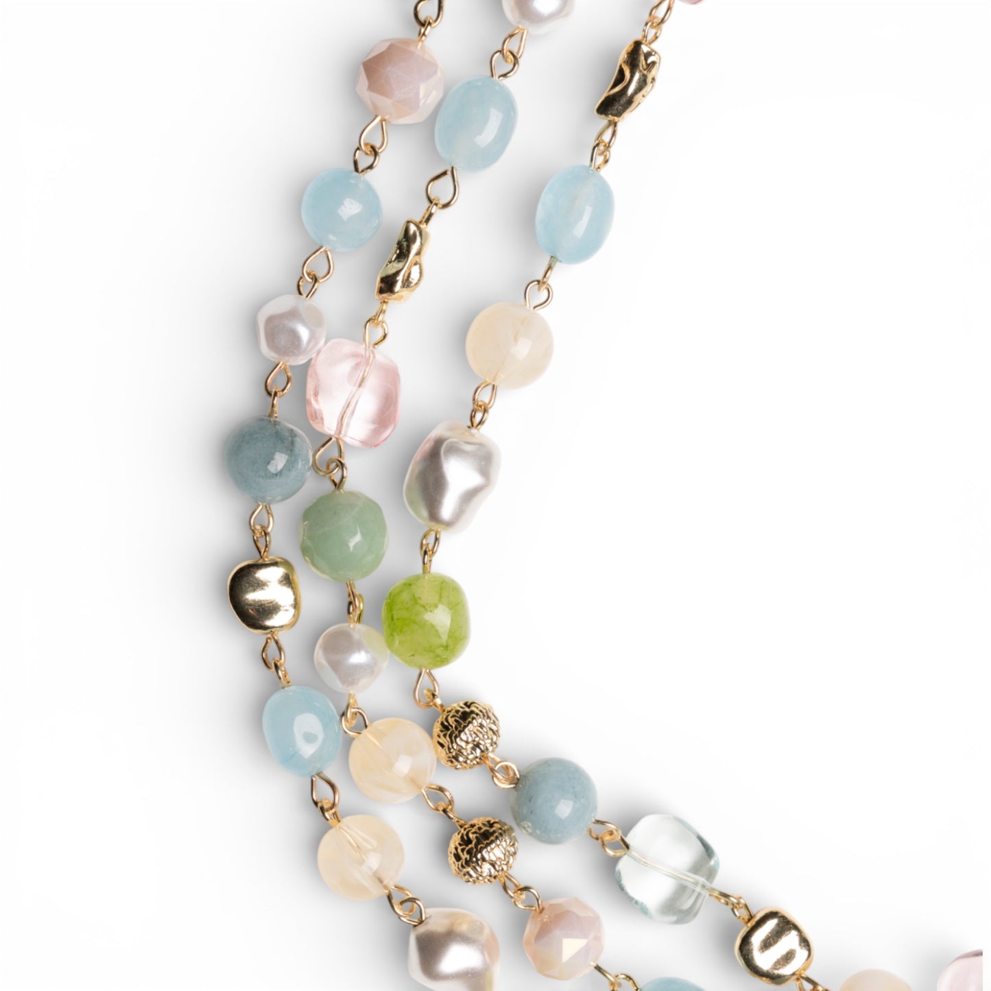 Collana girocollo a tre fili con pietre dure e vetro tono azzurro e verde