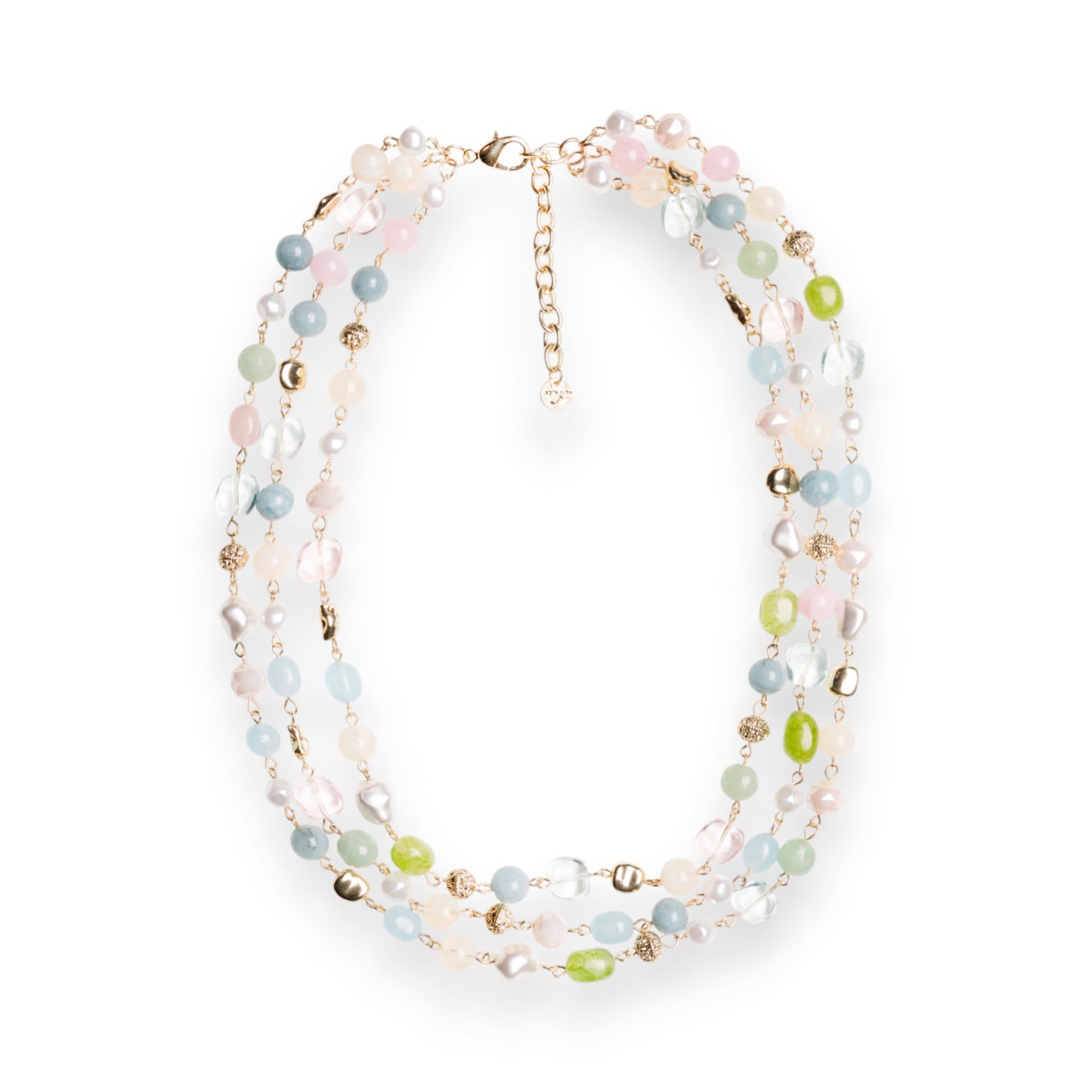 Collana girocollo a tre fili con pietre dure e vetro tono azzurro e verde