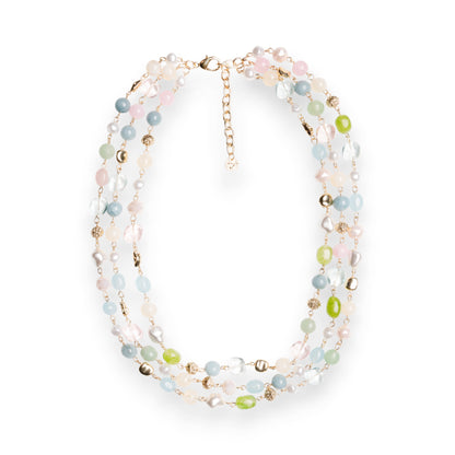Collana girocollo a tre fili con pietre dure e vetro tono azzurro e verde