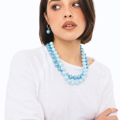 Collana girocollo con due fili di sfere in acrilico lucide tono blu