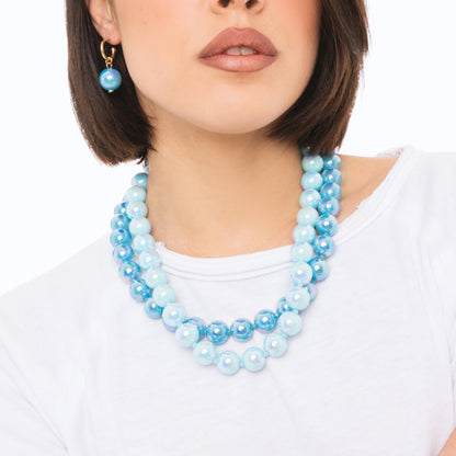 Collana girocollo con due fili di sfere in acrilico lucide tono blu