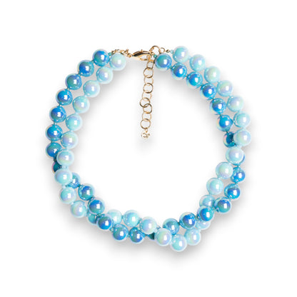 Collana girocollo con due fili di sfere in acrilico lucide tono blu