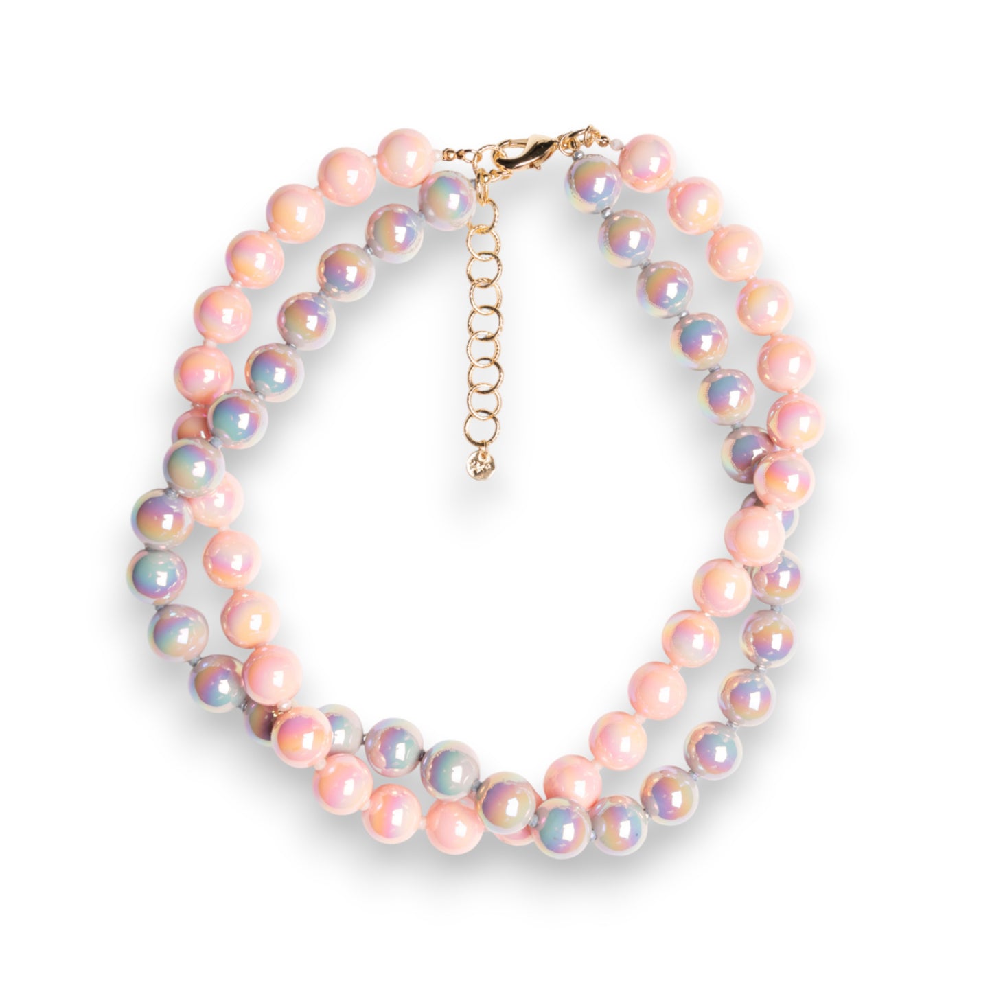 Collana girocollo con due fili di sfere in acrilico lucide rosa e grigio