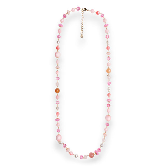 Collana lunga con pietre dure e vetro tono rosa