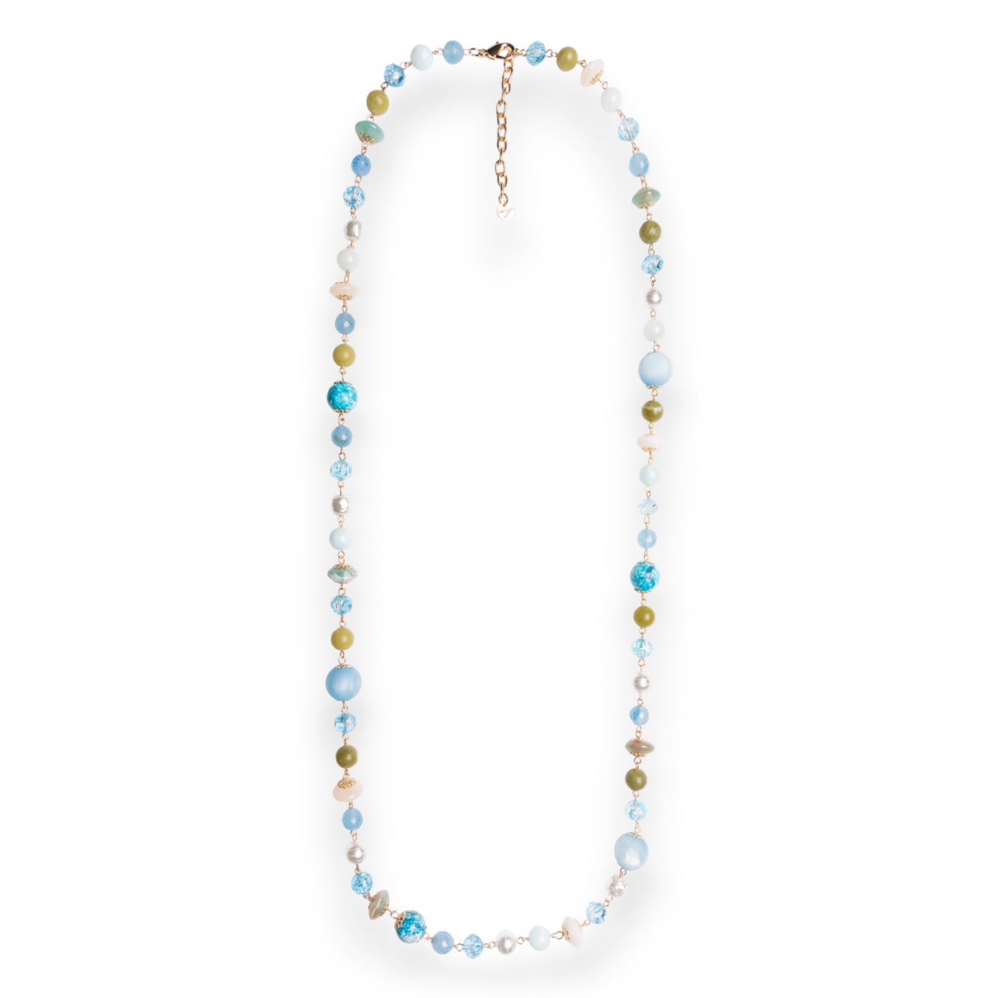 Collana lunga con pietre dure e vetro tono azzurro
