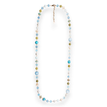 Collana lunga con pietre dure e vetro tono azzurro