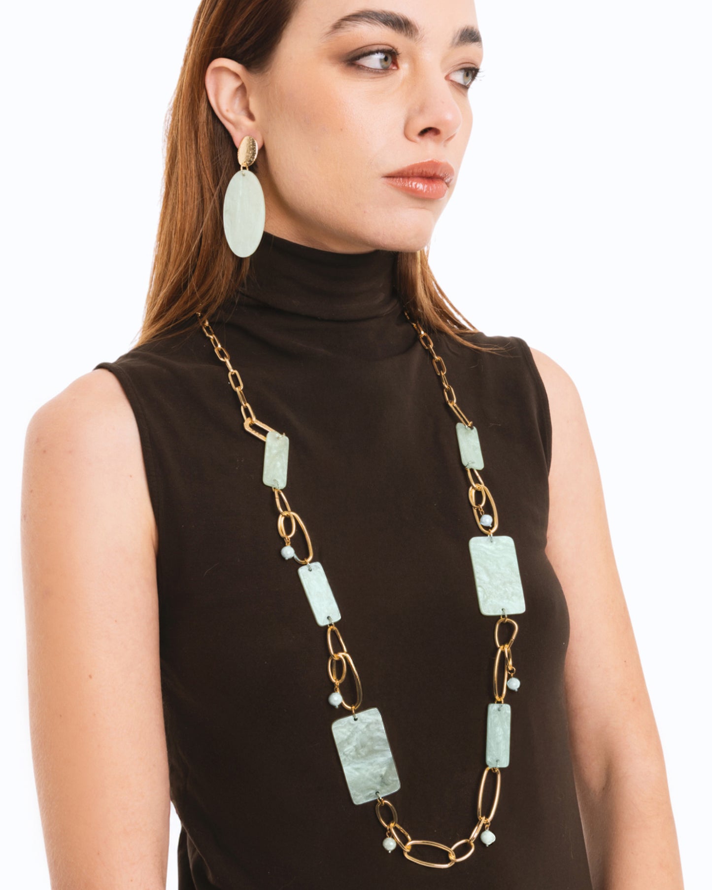 Collana lunga a catena con pietre rettangolari in acrilico verde