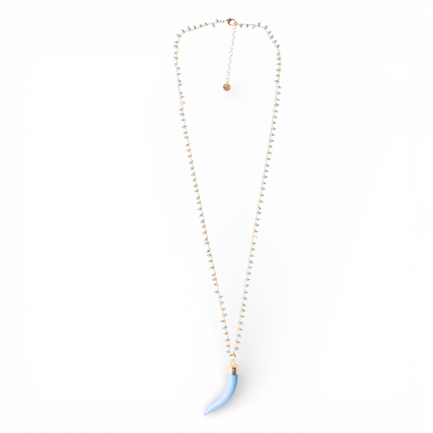 Collana lunga a catena con pendente corno in resina e vetro celeste