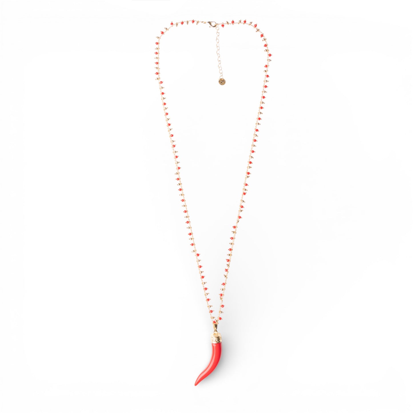 Collana lunga a catena con pendente corno in resina e vetro rosso