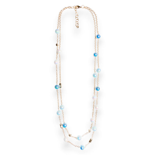 Collana lunga a due linee in catena con sfere in acrilico lucide multi blu