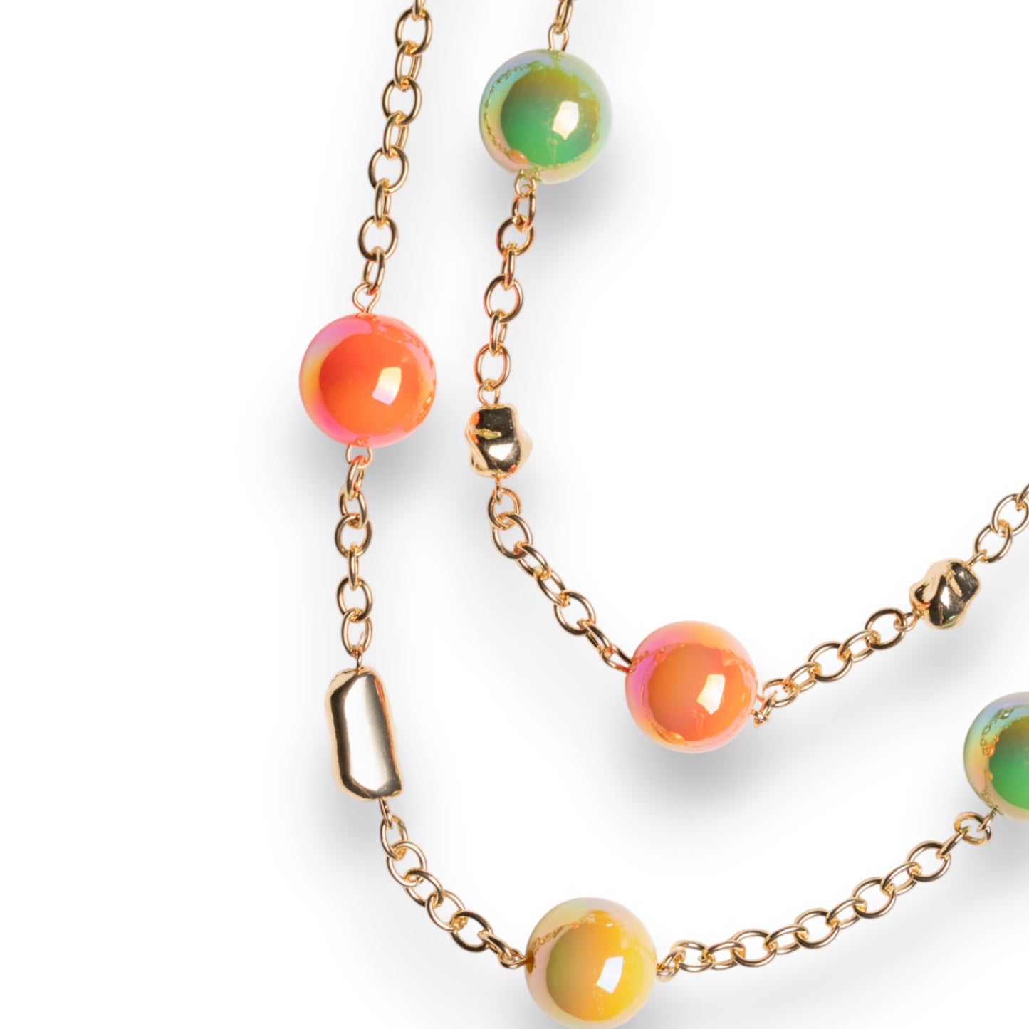 Collana lunga a due linee in catena con sfere in acrilico lucide multicolore