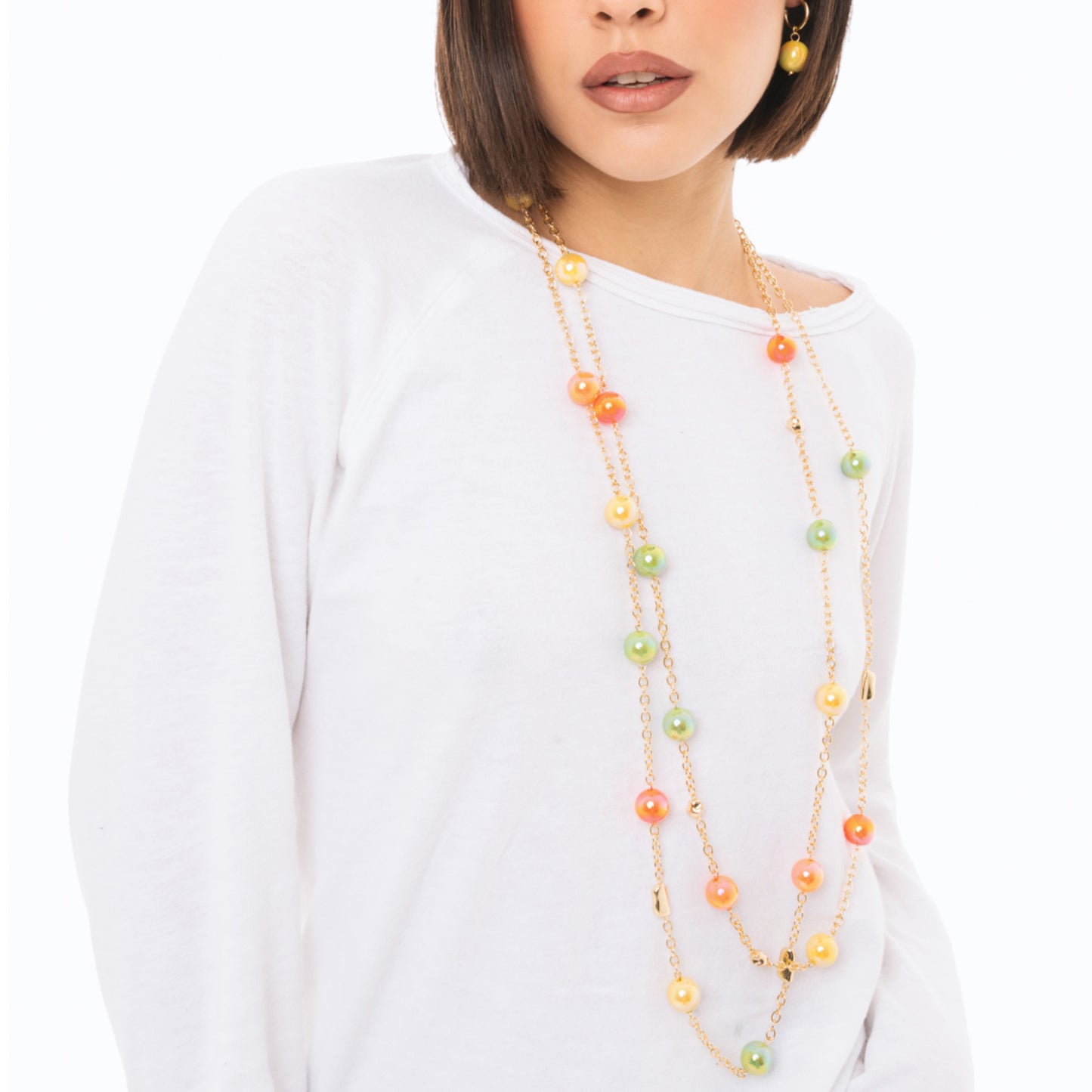 Collana lunga a due linee in catena con sfere in acrilico lucide multicolore