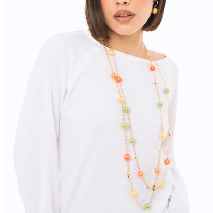 Collana lunga a due linee in catena con sfere in acrilico lucide multicolore
