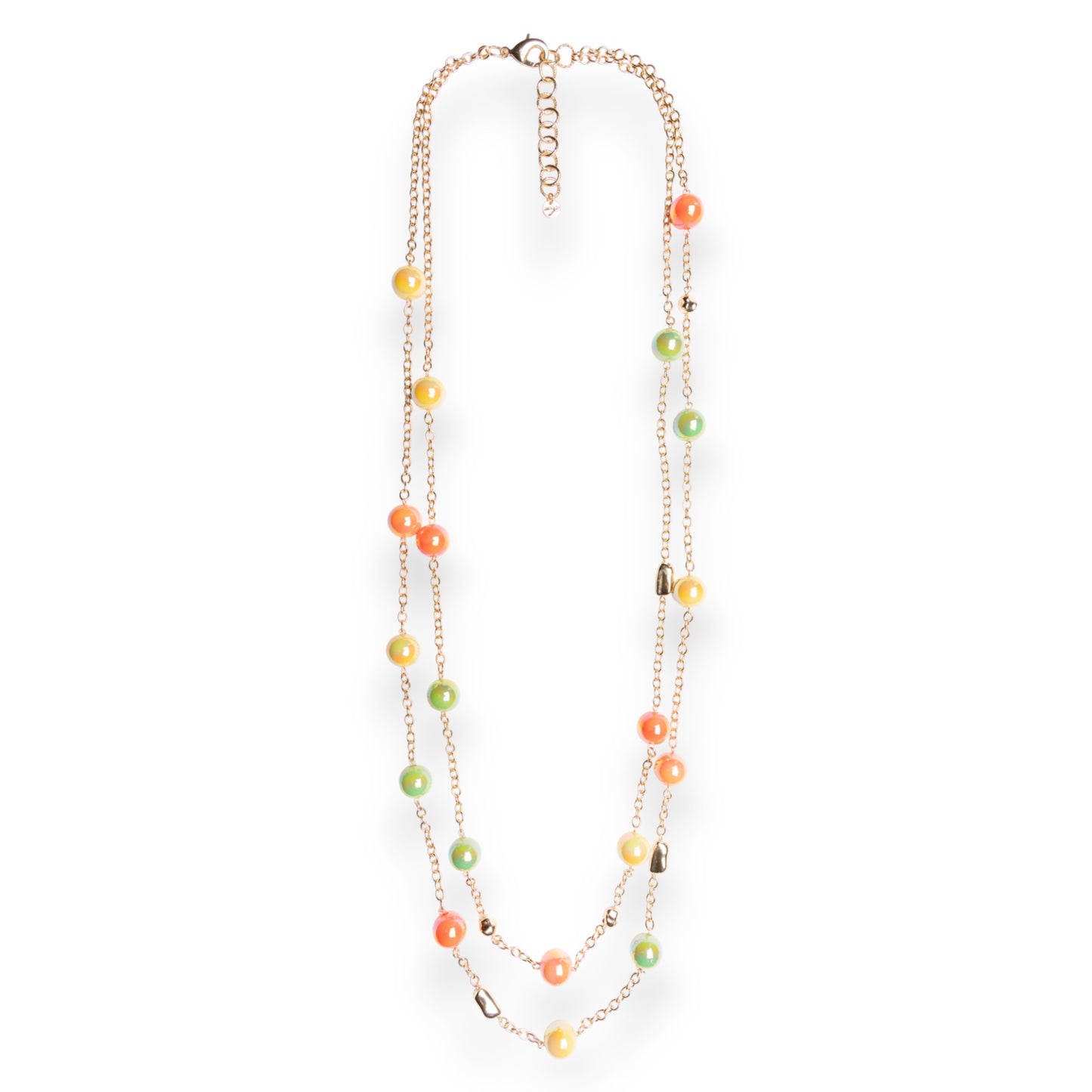 Collana lunga a due linee in catena con sfere in acrilico lucide multicolore