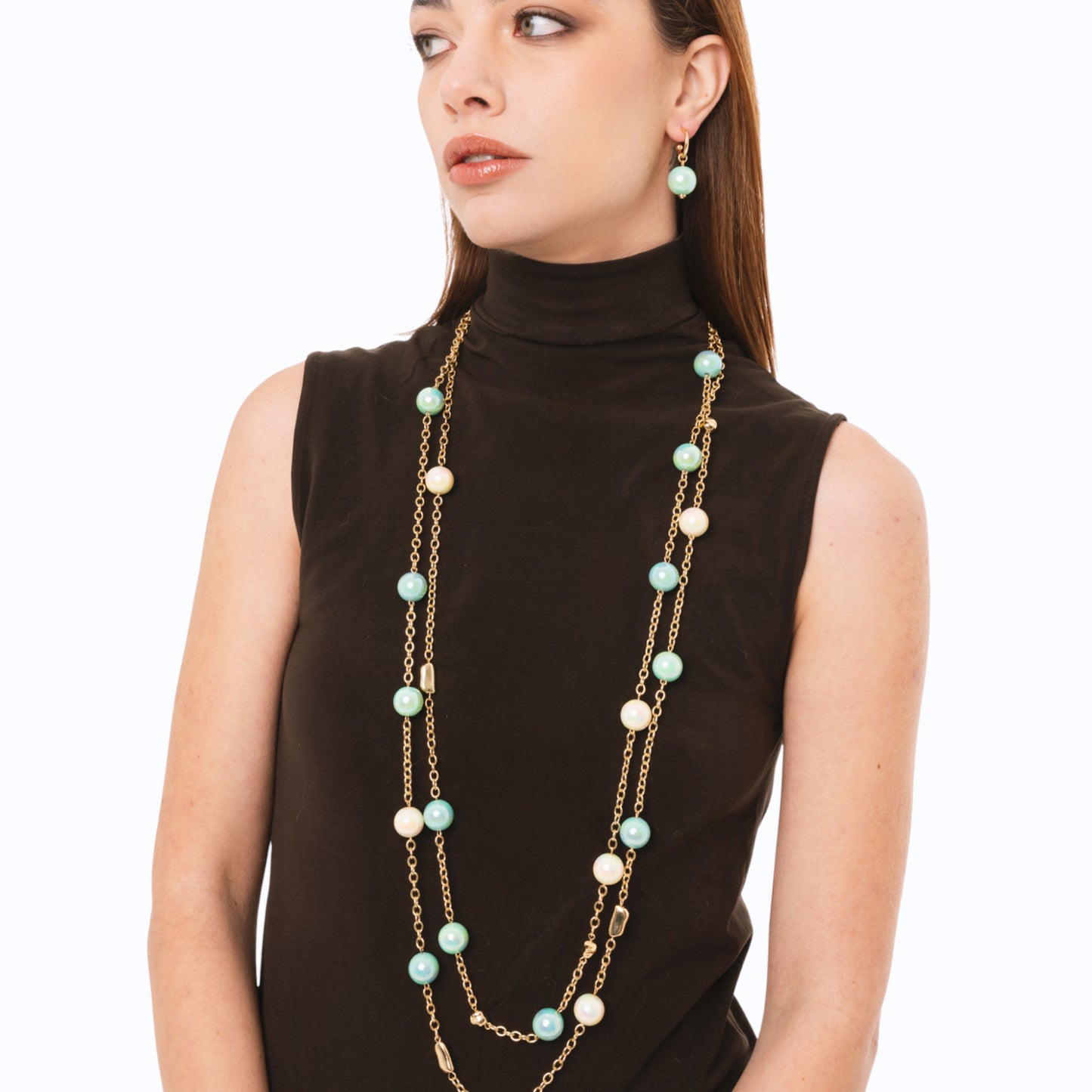 Collana lunga a due linee in catena con sfere in acrilico lucide multi verde