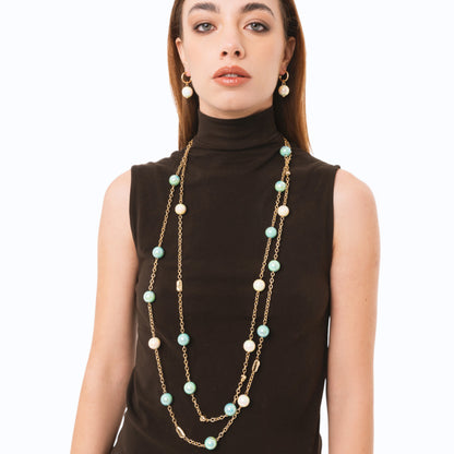 Collana lunga a due linee in catena con sfere in acrilico lucide multi verde