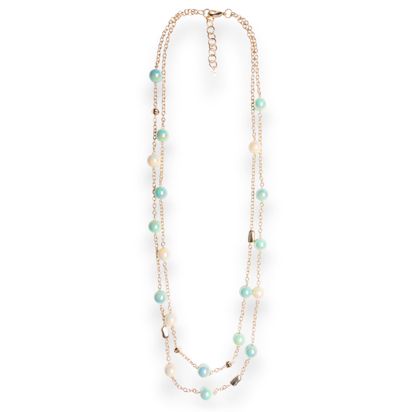 Collana lunga a due linee in catena con sfere in acrilico lucide multi verde