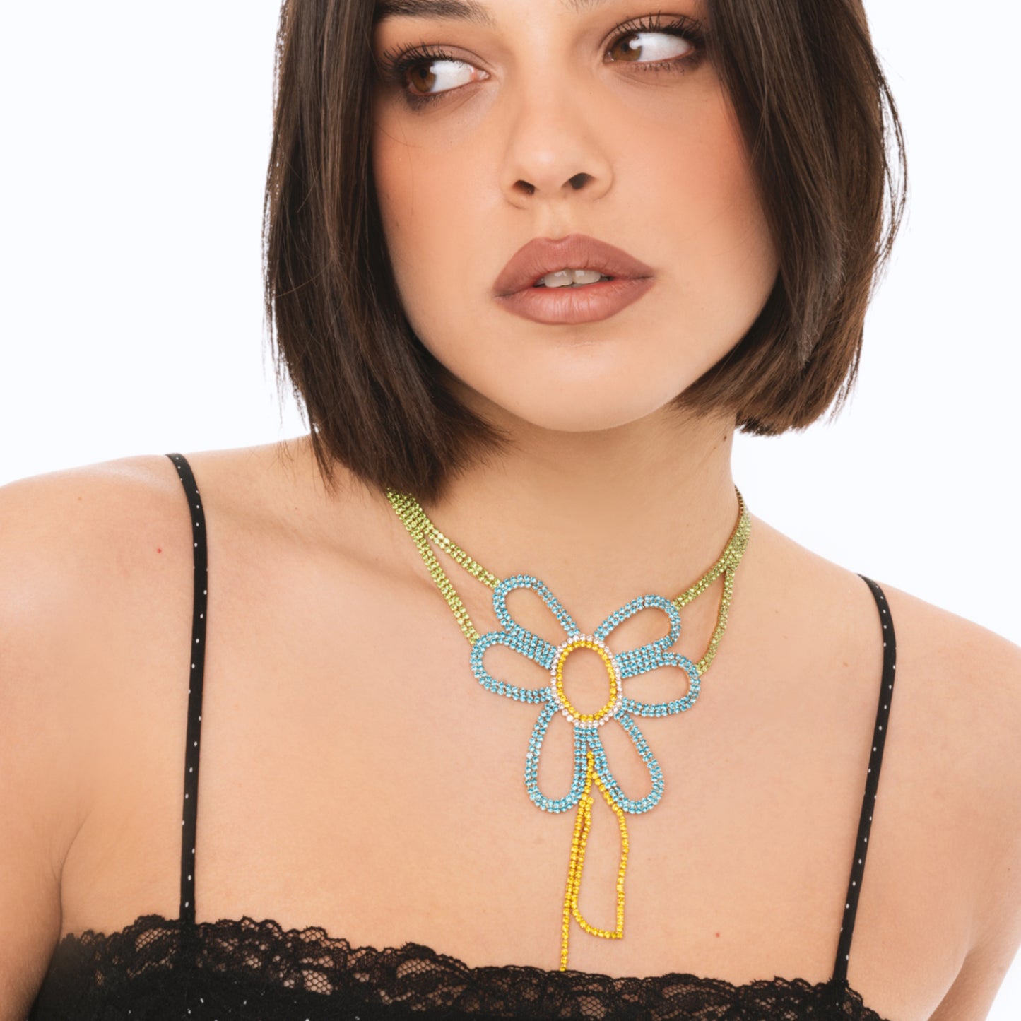 Collana girocollo in filo di strass con pietre in vetro design a fiore multicolore