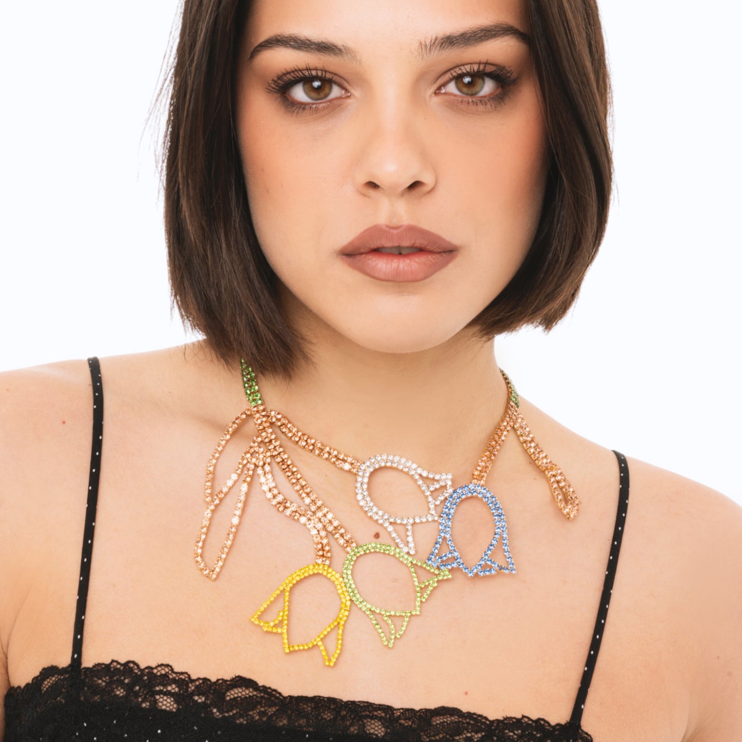 Collana girocollo in filo di strass con pietre in vetro design a tulipani multicolore
