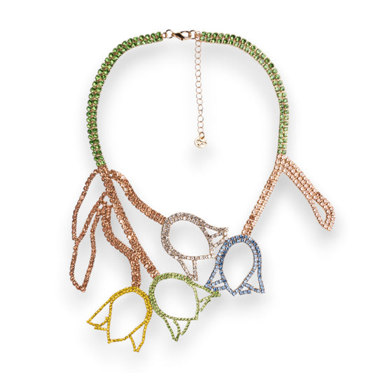 Collana girocollo in filo di strass con pietre in vetro design a tulipani multicolore