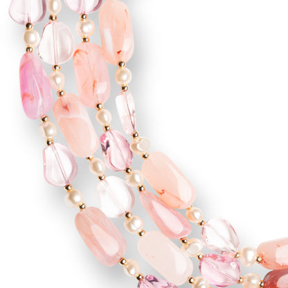 Collana girocollo multi filo con pietre vetro ed acrilico tono rosa