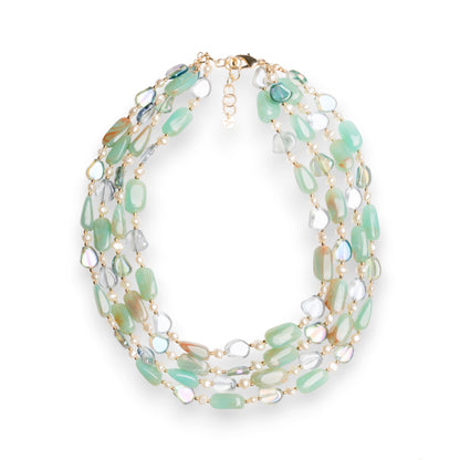 Collana girocollo multi filo con pietre vetro ed acrilico tono verde