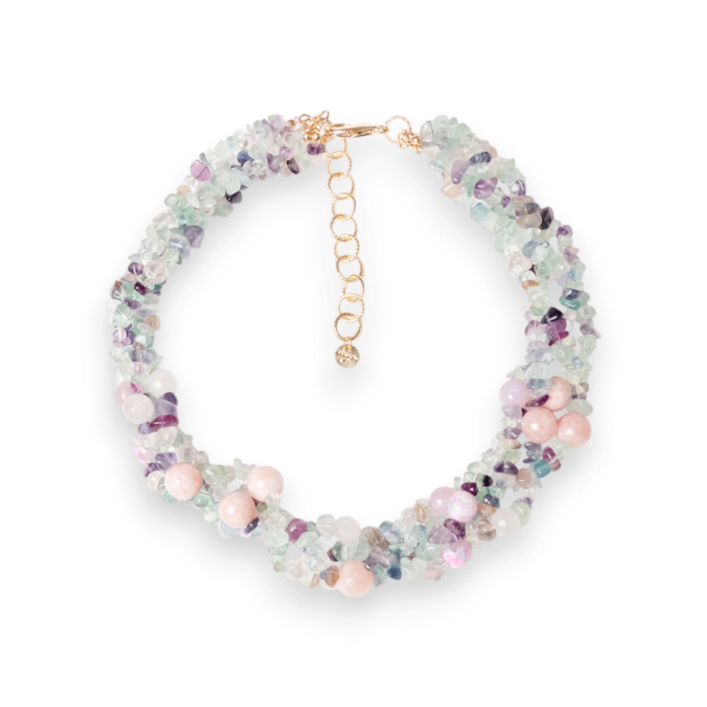 Collana girocollo con intreccio di pietre dure grigie e rosa