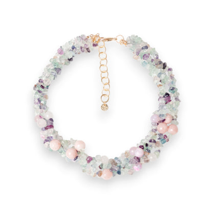 Collana girocollo con intreccio di pietre dure grigie e rosa