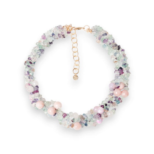 Collana girocollo con intreccio di pietre dure grigie e rosa