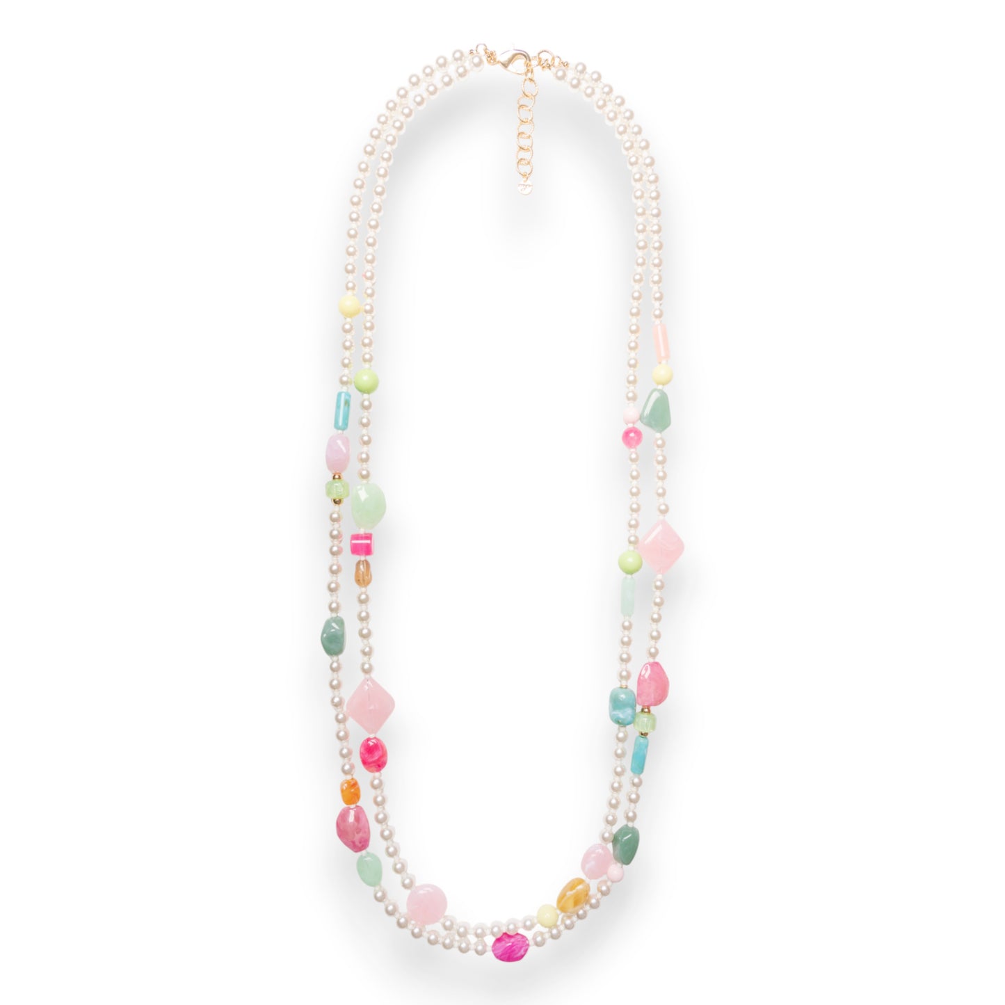 Collana lunga a due linee di perle in acrilico con inserti in vetro multicolore