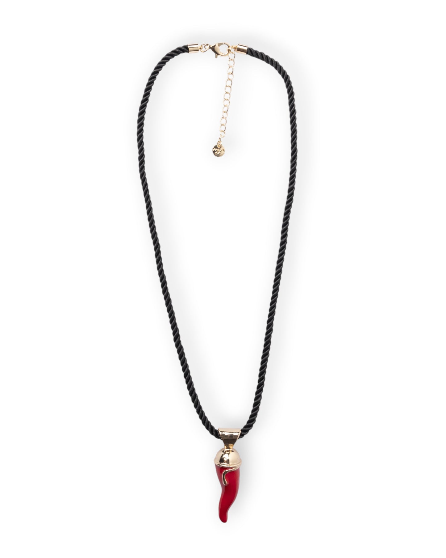 Collana in corda nera con corno pendente in acrilico rosso