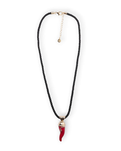 Collana in corda nera con corno pendente in acrilico rosso