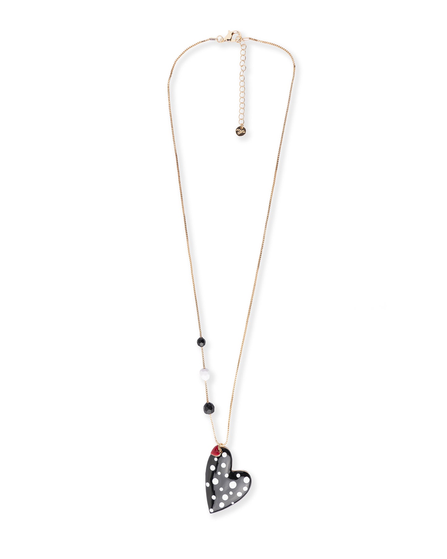 Collana lunga con pietre dure e pendente a cuore smaltato a pois bianco e nero