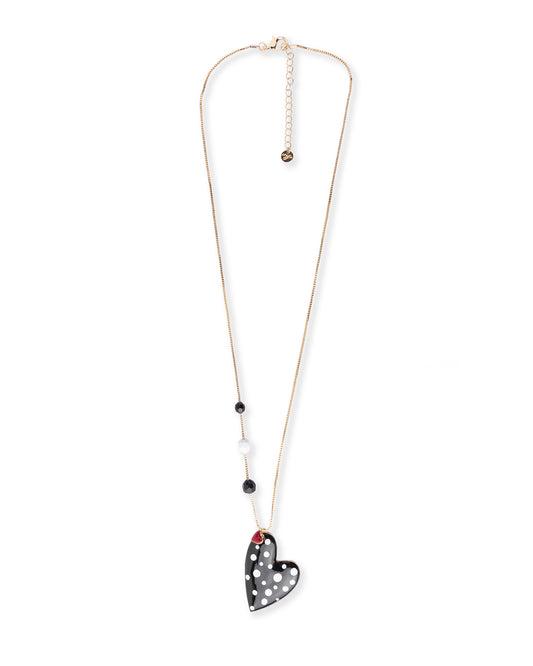 Collana lunga con pietre dure e pendente a cuore smaltato a pois bianco e nero