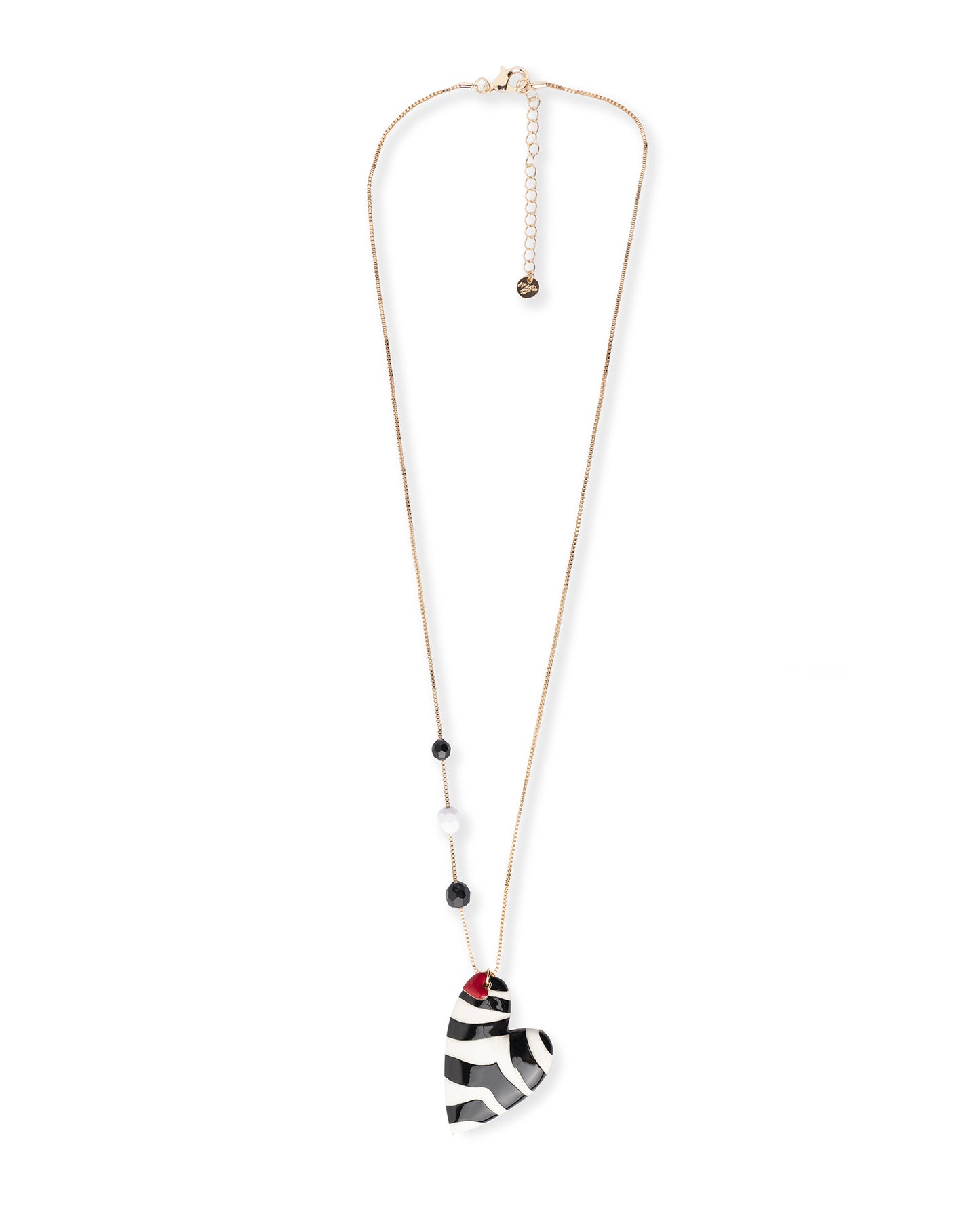 Collana lunga con pietre dure e pendente a cuore smaltato zebrato bianco e nero