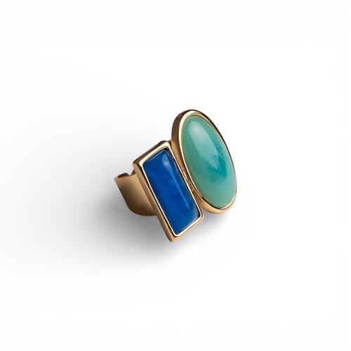 Anello regolabile a fascia in metallo con due pietre in acrilico multi blu