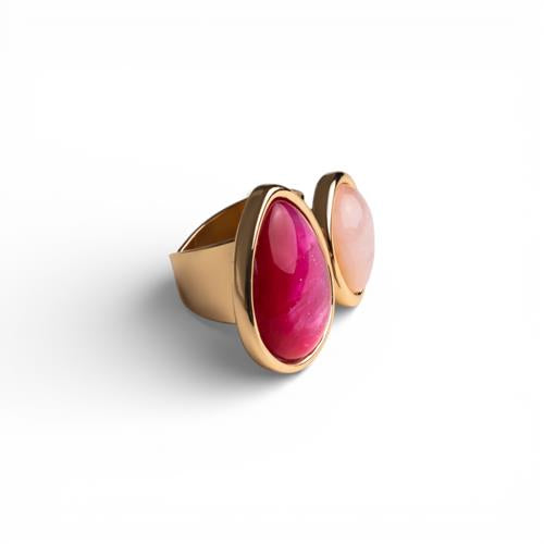 Anello regolabile a fascia in metallo con due pietre in resina multi rosa