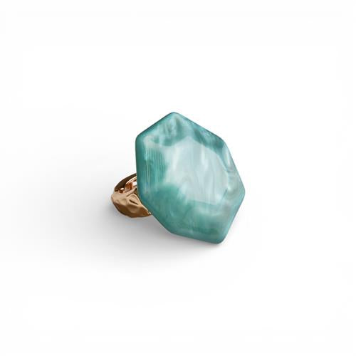 Anello elastico in metallo con pietra esagonale in acrilico marmorizzata blu