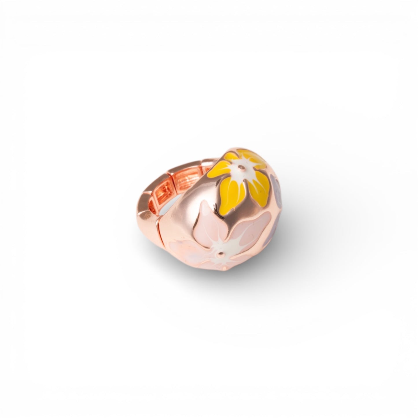 Anello in metallo elastico smaltato con fiori gialli e rosa