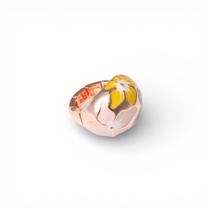 Anello in metallo elastico smaltato con fiori gialli e rosa