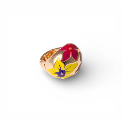 Anello in metallo elastico smaltato con fiori gialli e fucsia
