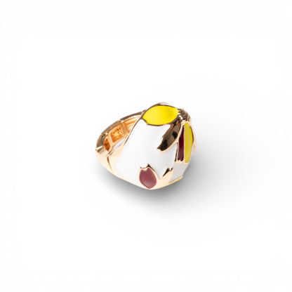 Anello in metallo elastico smaltato bianco con design a fiore