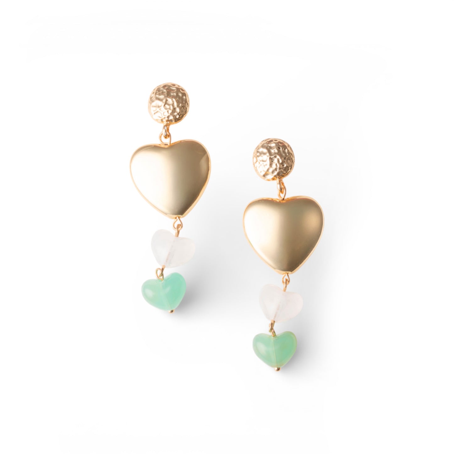 Orecchini pendenti con cuoricini in metallo ed acrilico multi verde