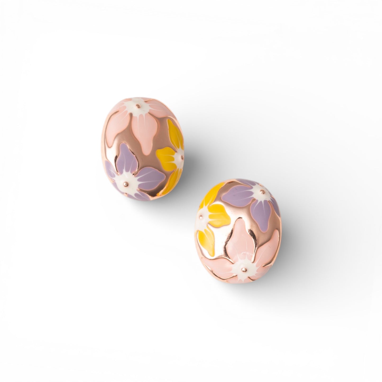 Orecchini a clip ovali smaltati con fiori gialli e rosa