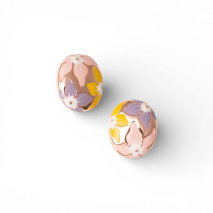 Orecchini a clip ovali smaltati con fiori gialli e rosa