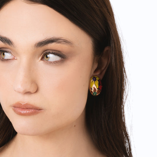 Orecchini a clip ovali smaltati con fiori gialli e fucsia