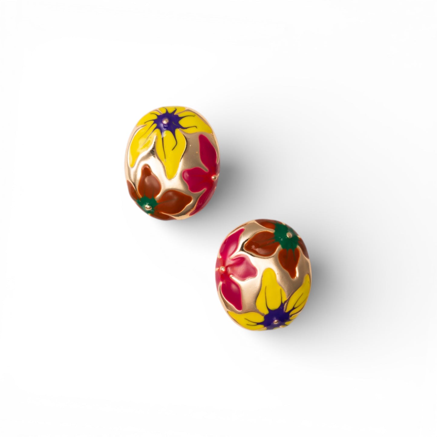 Orecchini a clip ovali smaltati con fiori gialli e fucsia
